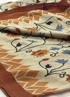 Cream Floral Vine Fancy Saree with Contrast Rust Border