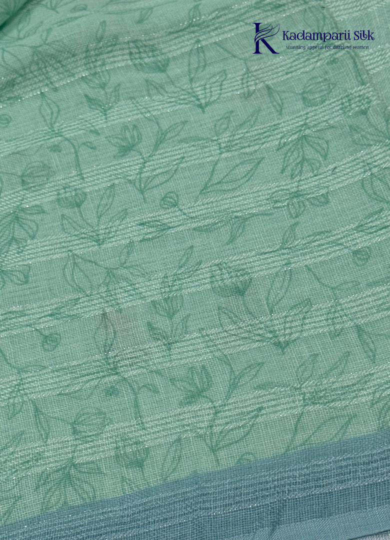 Meadow Breeze Seafoam Green & Butterfly Motif Linen-Silk Saree