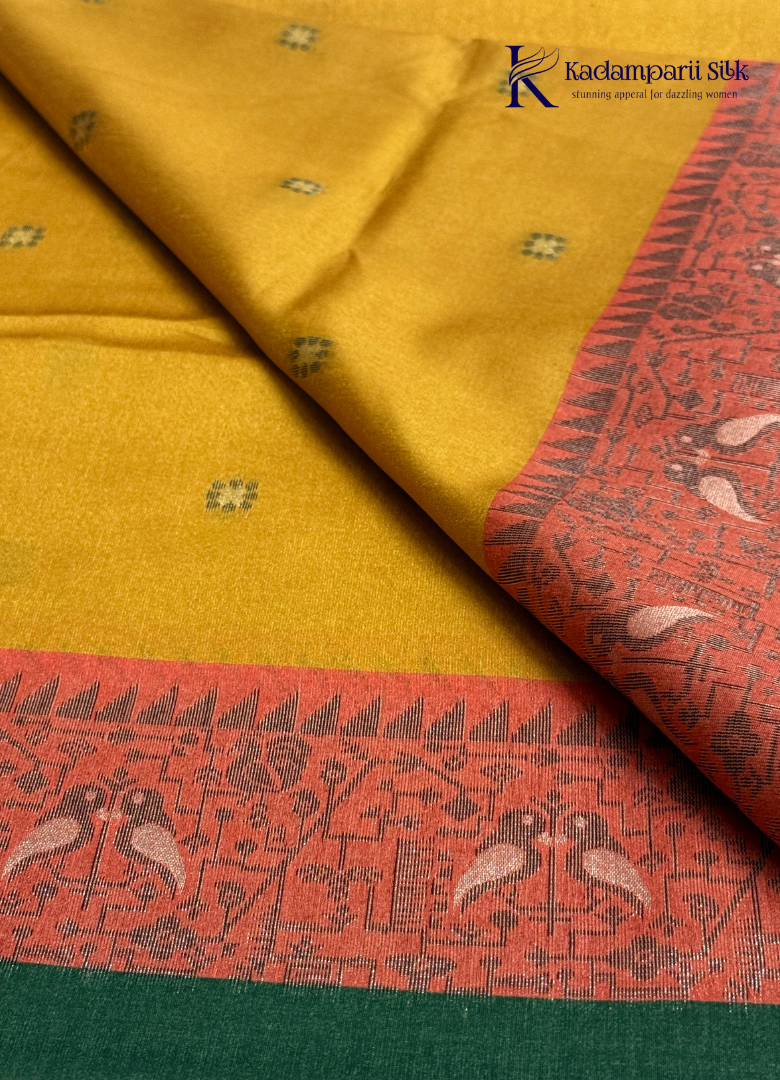 Royal Avian Canvas Golden Ochre & Terracotta Kalamkari Silk Saree