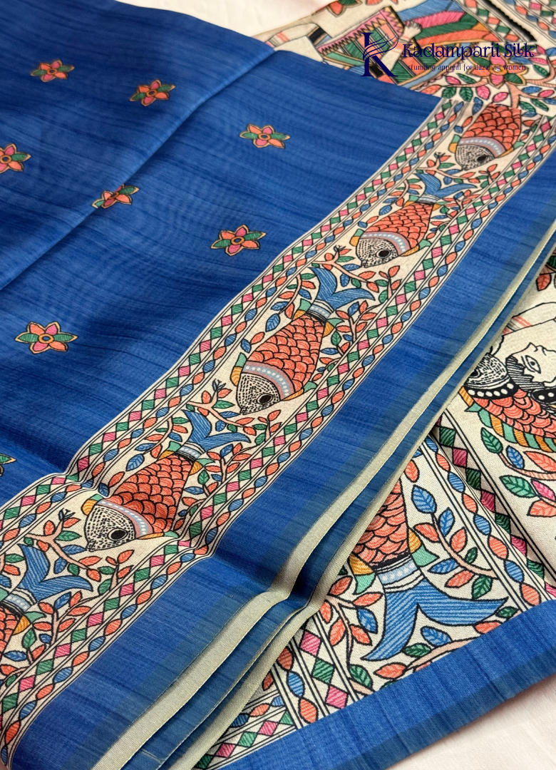 Royal Blue Semi Tussar Silk Saree with Multicolour Kalamkari-Inspired Printed Pallu