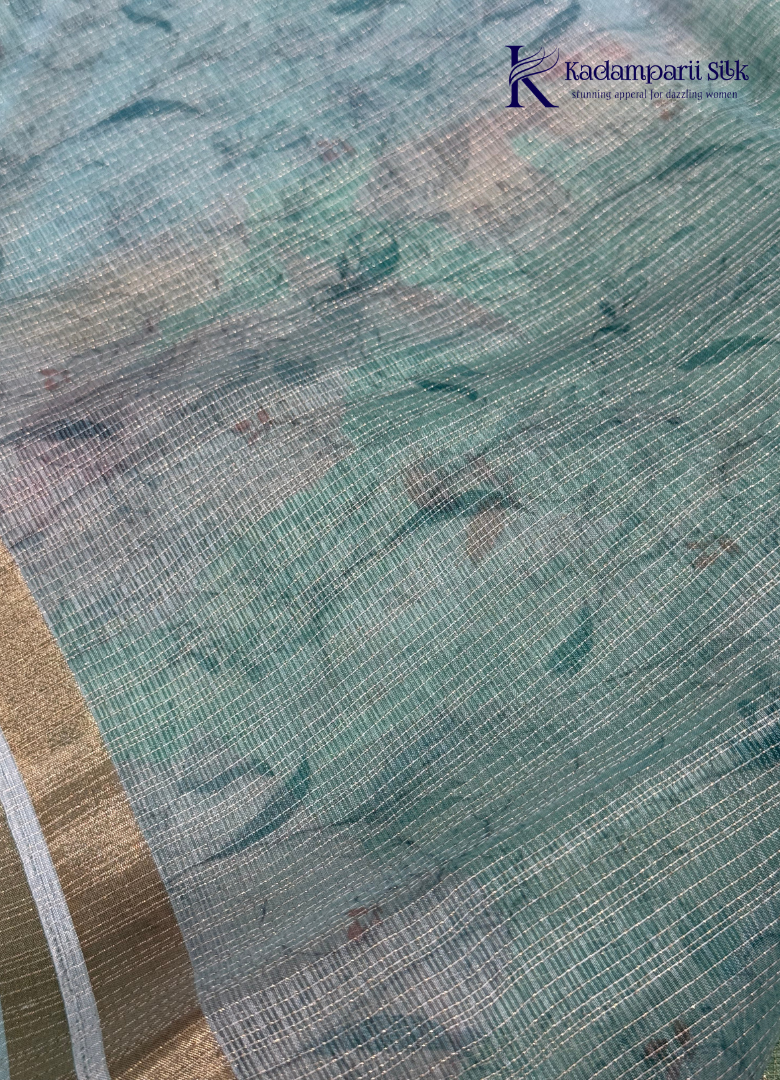 Enchanted Garden Emerald Sage Green Digital Floral Organza Saree