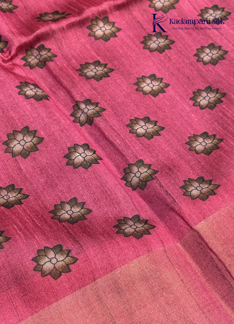 Brown & Pink Soft Tussar Silk Saree with Lotus Butta & Contrast Border