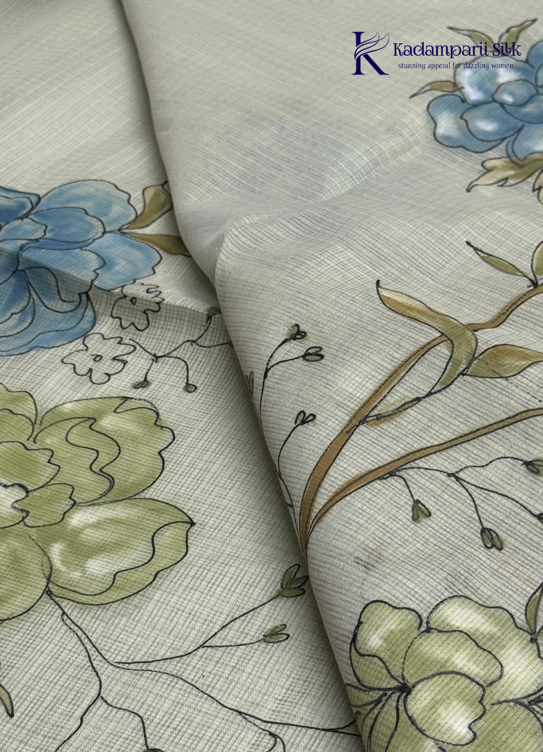 Serene Canopy Misty Sage Green Watercolor Floral Silk Saree