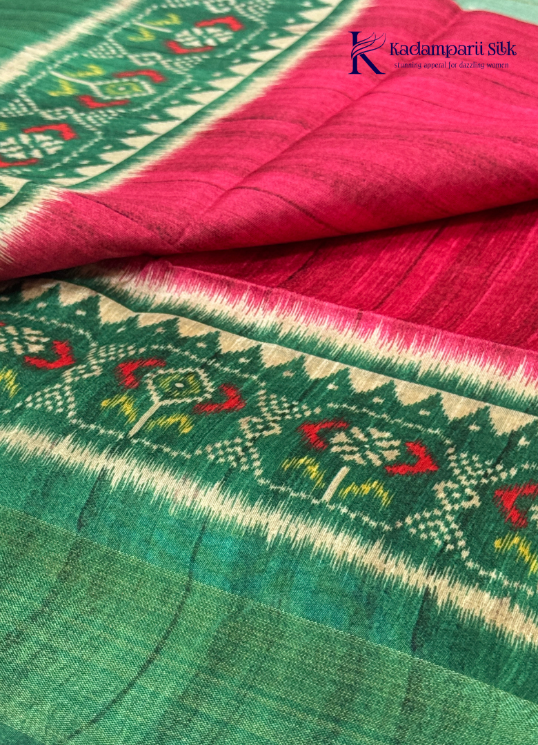 Soft Tussar Silk Saree with Contrast Pink Body & Traditional Ikat Border