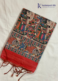 Coral Red Semi Tussar Silk Saree with Kalamkari-Inspired Fish & Floral Printed Pallu