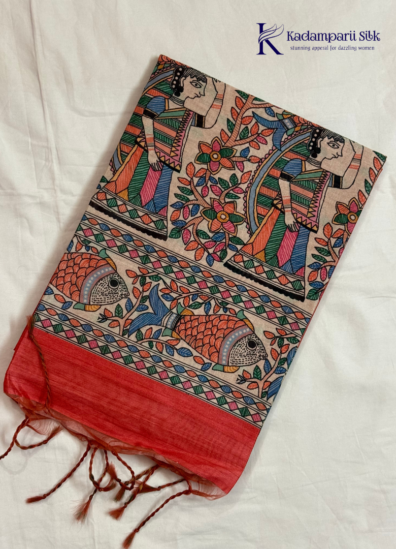 Coral Red Semi Tussar Silk Saree with Kalamkari-Inspired Fish & Floral Printed Pallu
