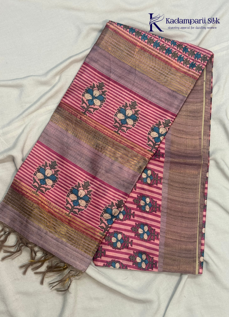 Soft Tussar Silk Saree with Floral Print & Striped Designer Body