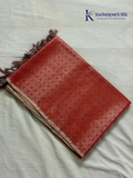 Rose pink semi Tussar jacquard saree with all-over woven geometric patterns, subtle silver zari detailing, soft textured finish, elegant tassels, and lightweight traditional drape by Kadamparii Silk.