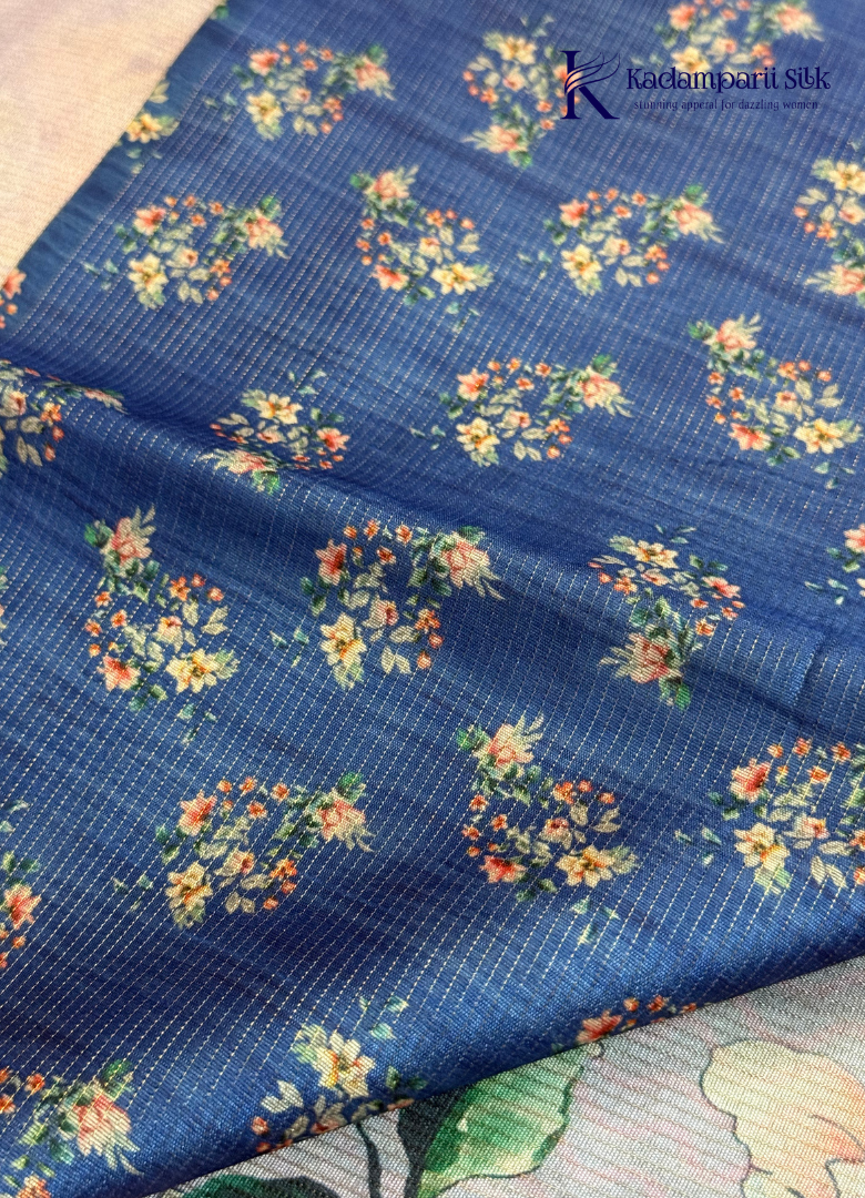 Dusty Rose Floral Digital Print Semi Tussar Silk Saree with Ombre Blue Pallu & Tassels