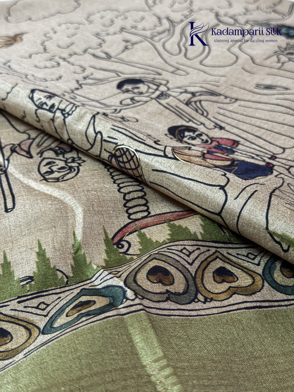Soft Tussar saree with traditional pencil art print featuring mythological village scene motifs, subtle olive green zari border, artistic hand-drawn style detailing, and elegant lightweight drape by Kadamparii Silk.