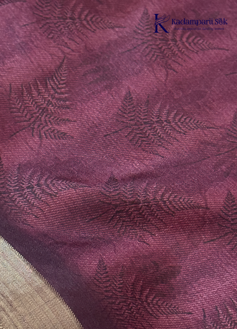 Kadamparii Silk wine soft tussar silk saree with floral design and traditional printed border, displayed on a white background.