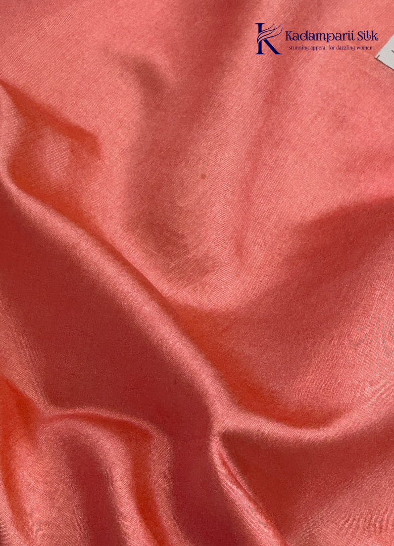 Kadamparii Silk light green raw silk saree with peach zari border and elegant butta detailing, displayed on a white background.
