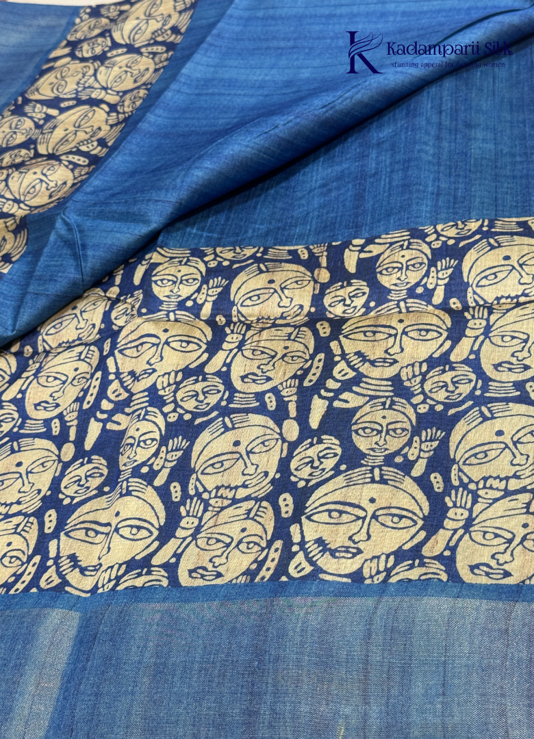 Soft Tussar Silk Saree with Plain Body & Artistic Tribal Print Border and Pallu