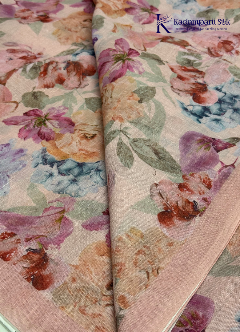 Vintage Romance Blush Pink & Lavender Floral Linen-Silk Saree