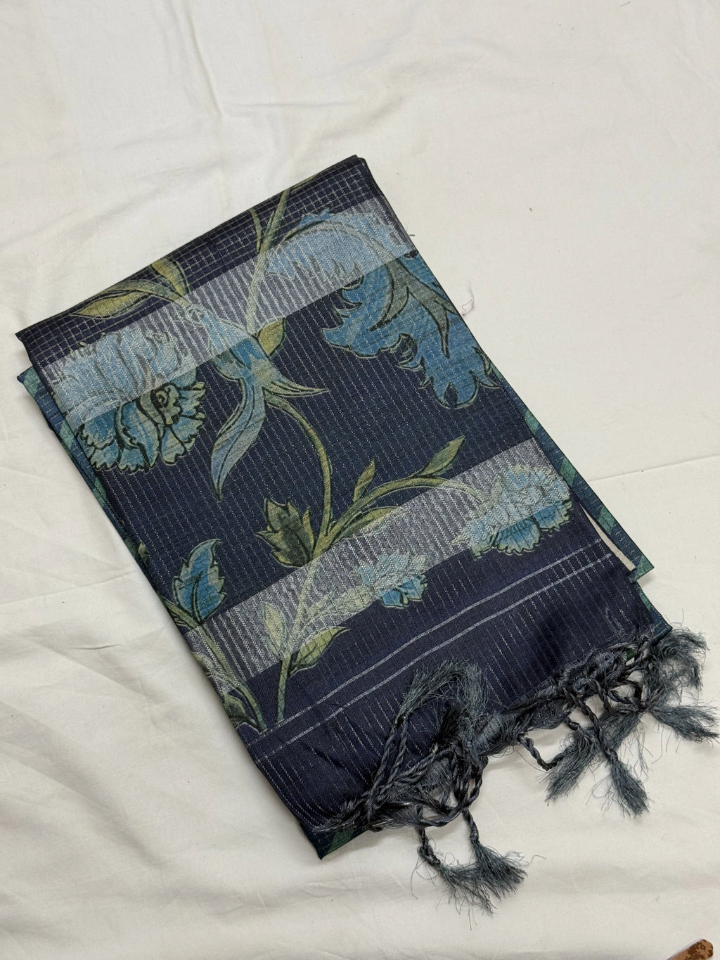 Midnight Blue & Chevron Teal Linen-Silk Saree