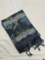 Midnight Blue & Chevron Teal Linen-Silk Saree