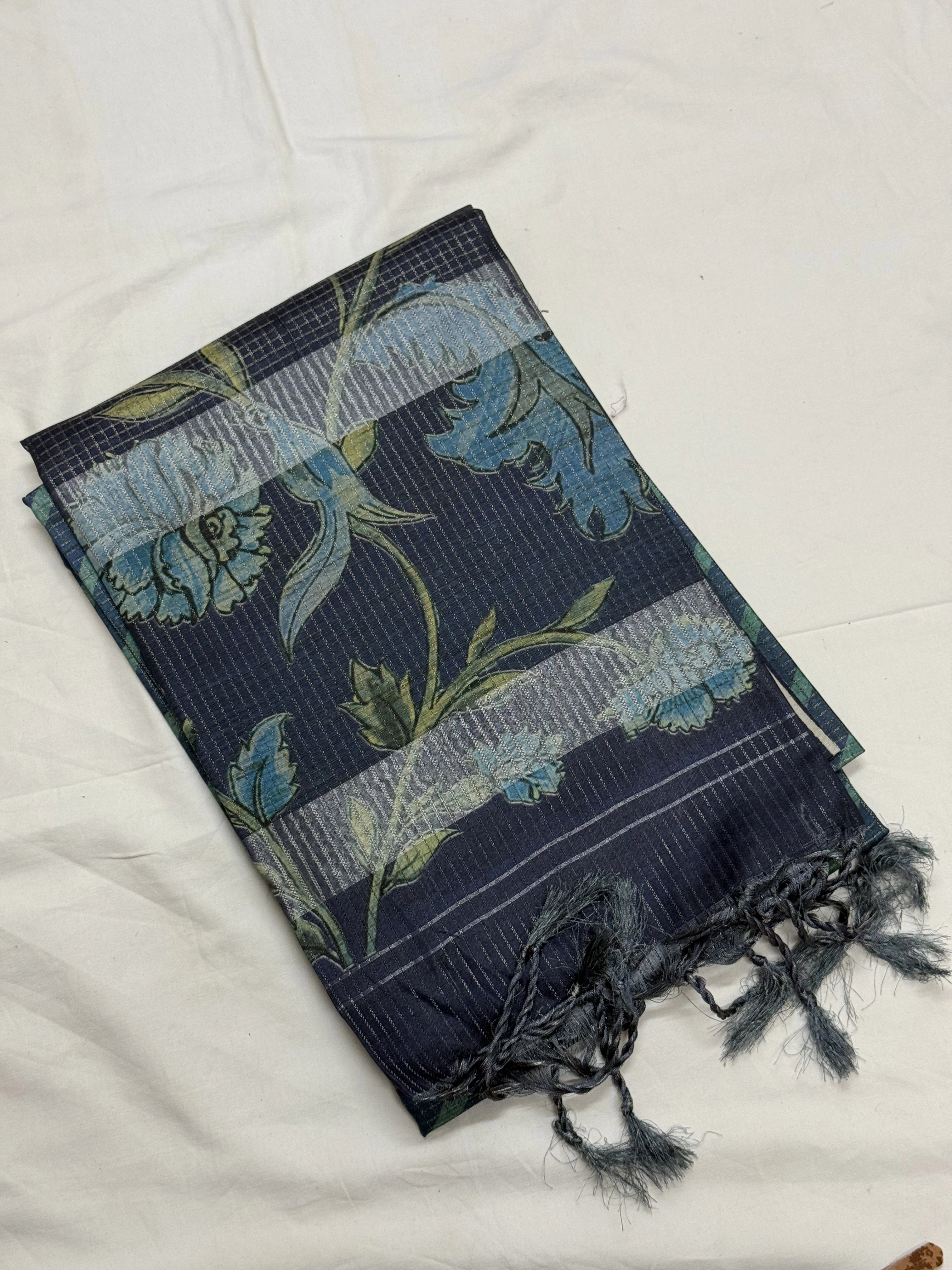 Midnight Blue & Chevron Teal Linen-Silk Saree