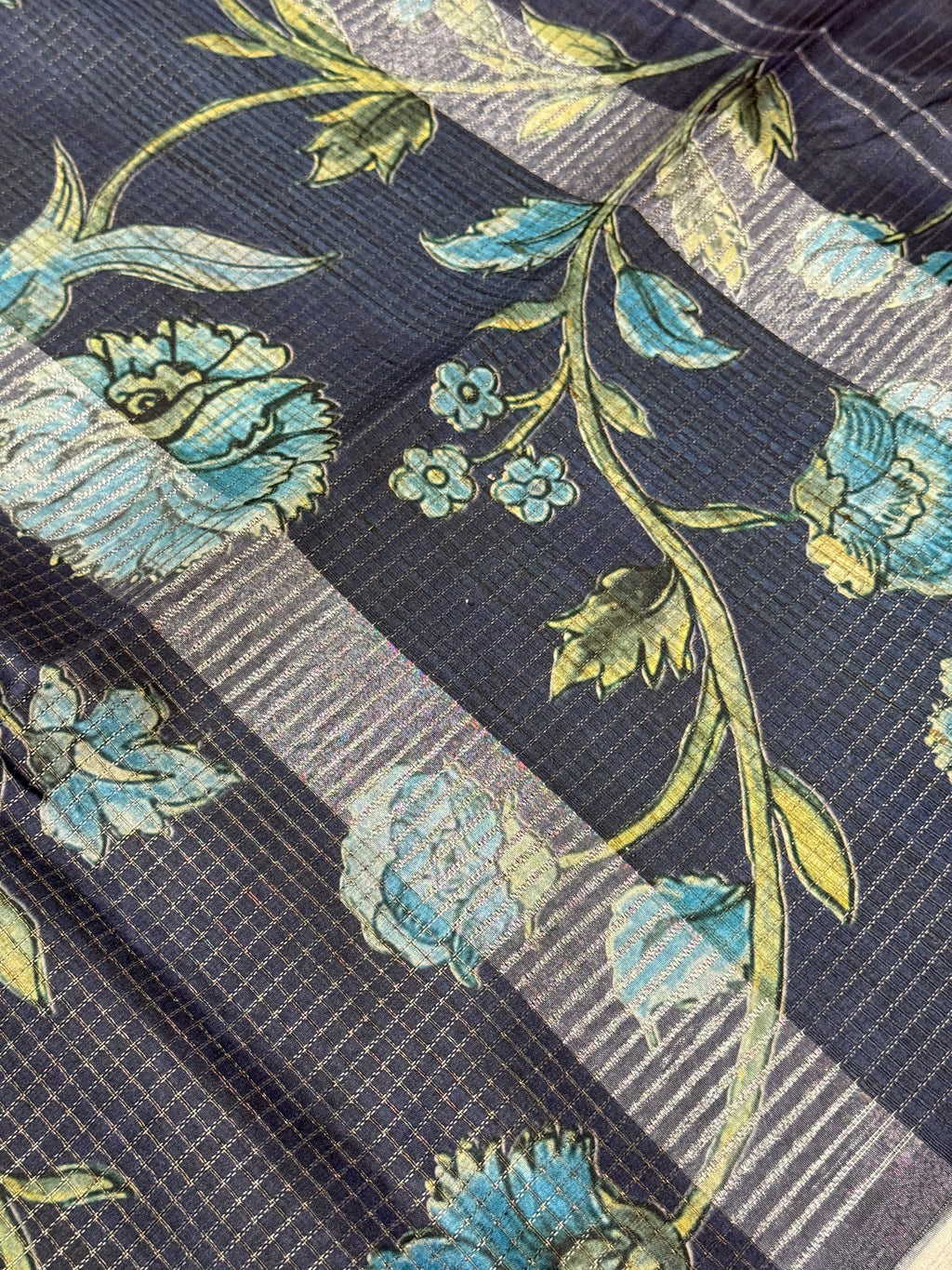Midnight Blue & Chevron Teal Linen-Silk Saree