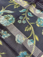Midnight Blue & Chevron Teal Linen-Silk Saree