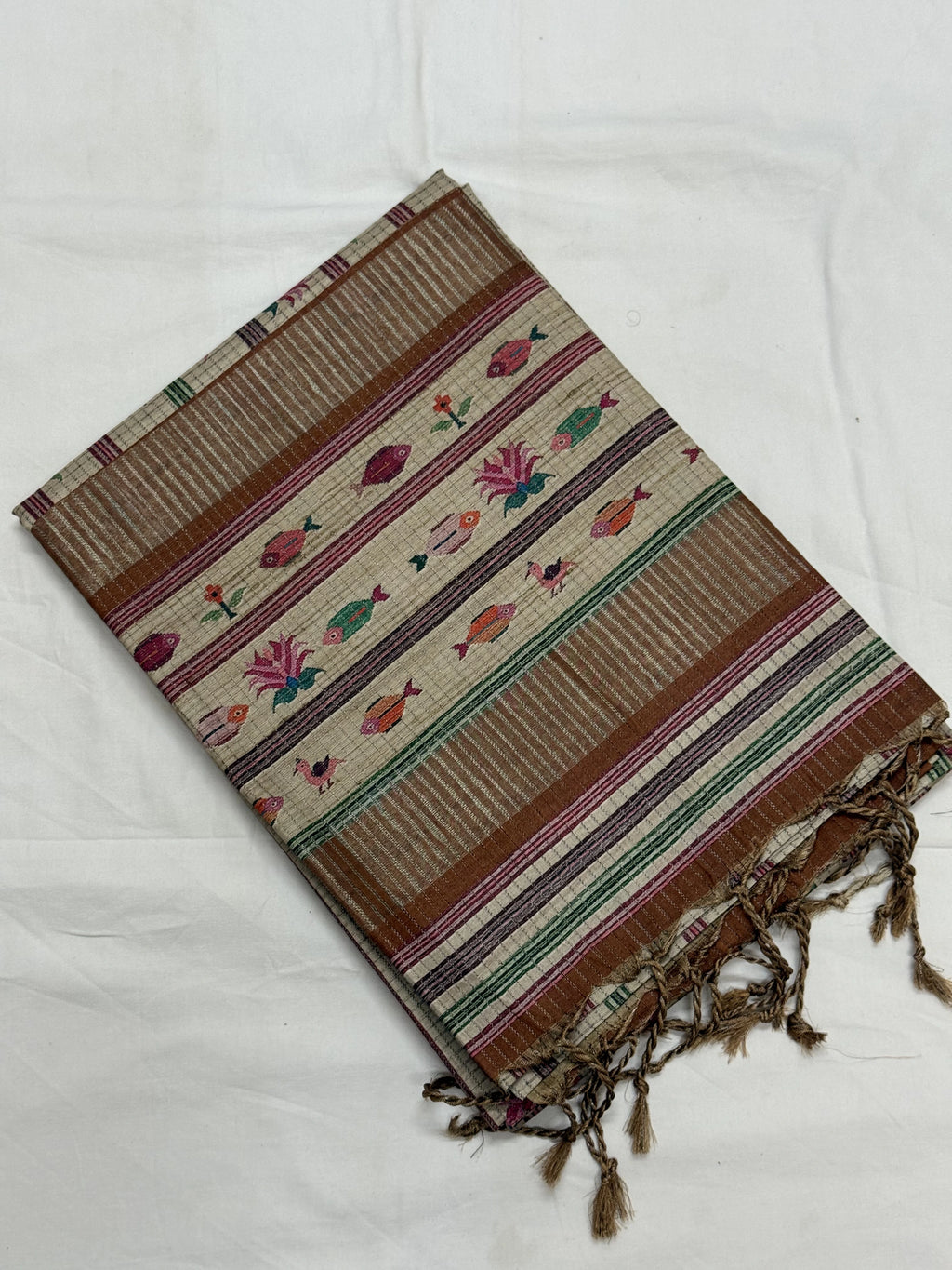 Beige & Terracotta Folk Fish Printed Saree