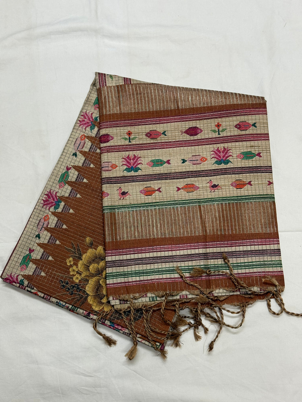 Beige & Terracotta Folk Fish Printed Saree
