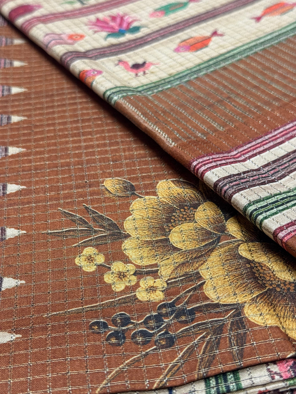 Beige & Terracotta Folk Fish Printed Saree