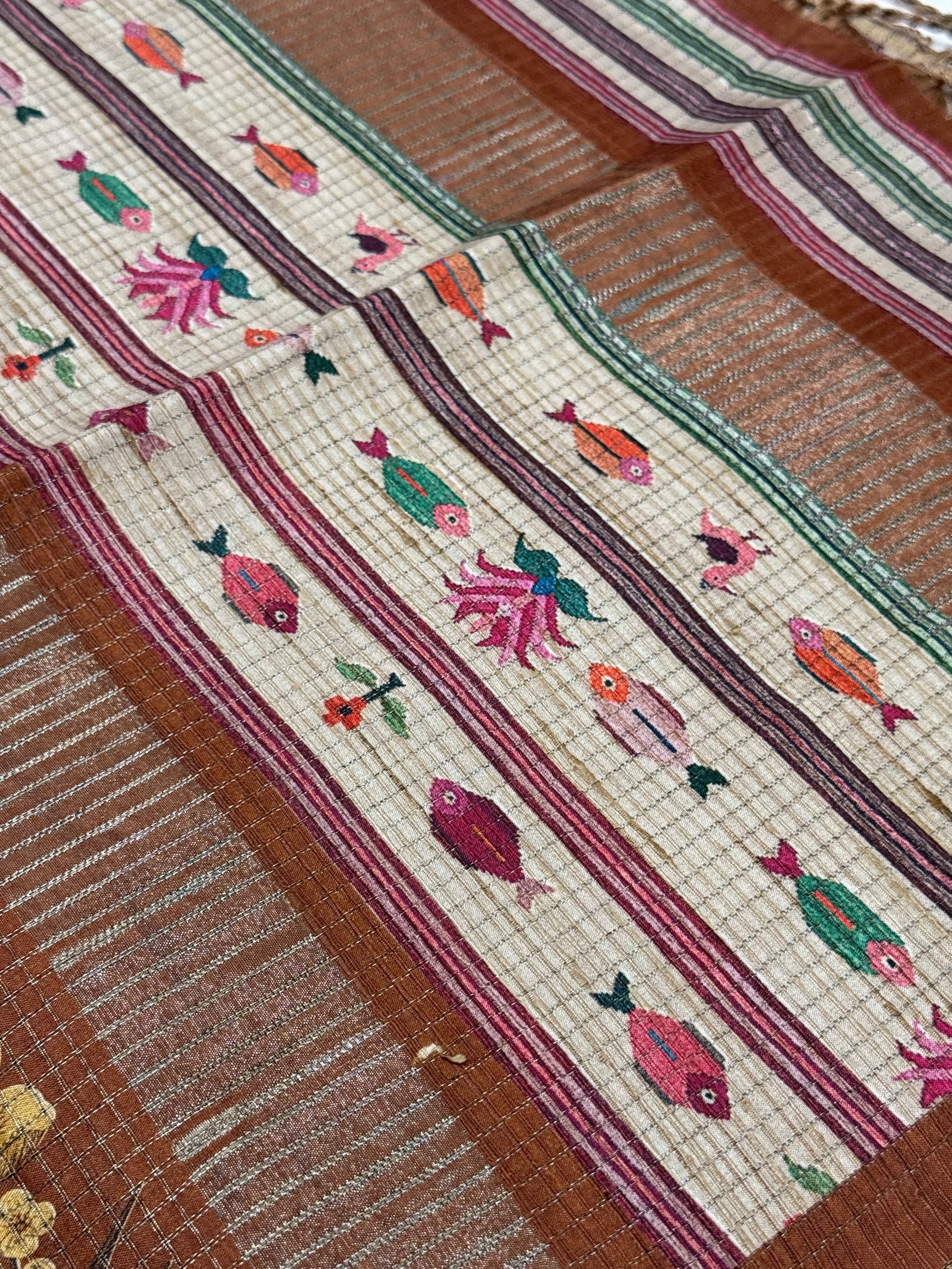 Beige & Terracotta Folk Fish Printed Saree