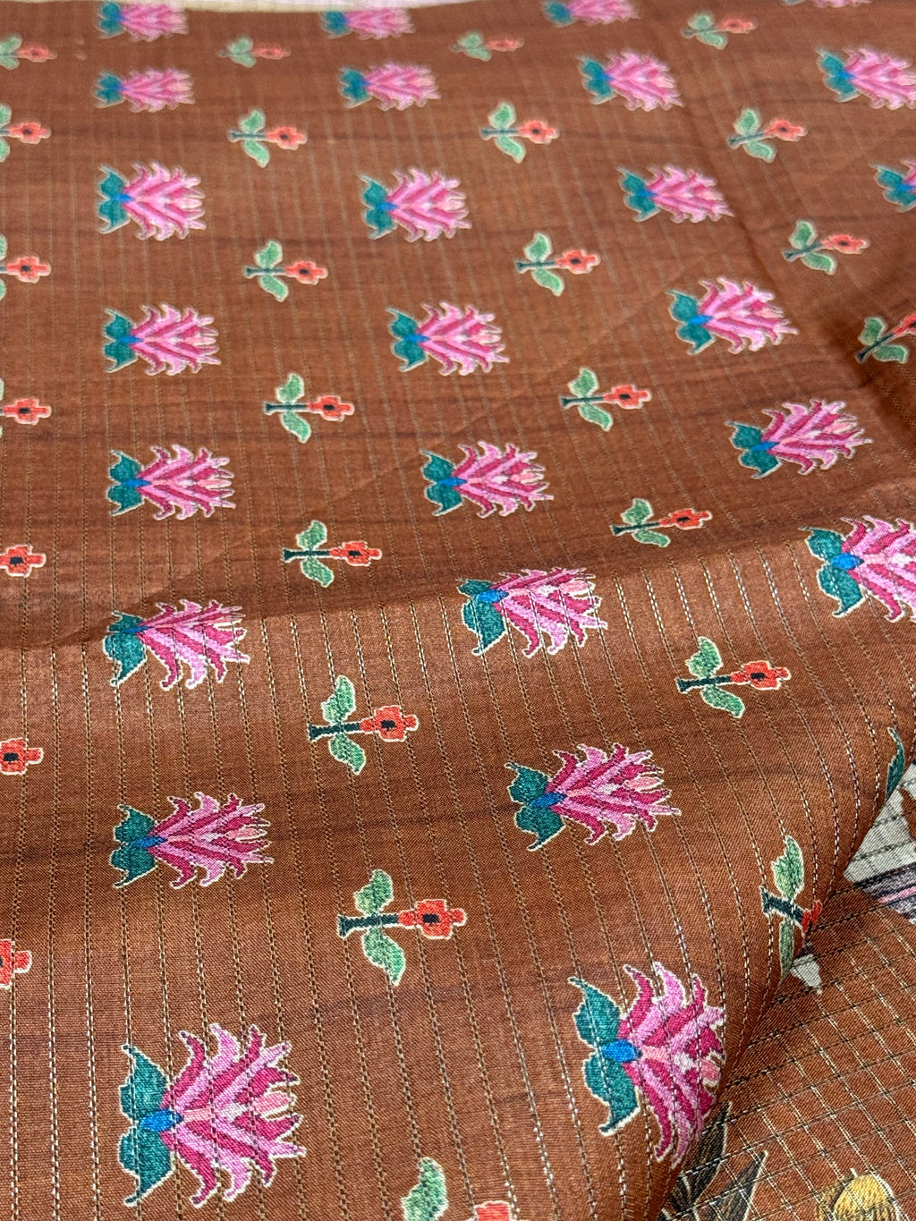 Beige & Terracotta Folk Fish Printed Saree