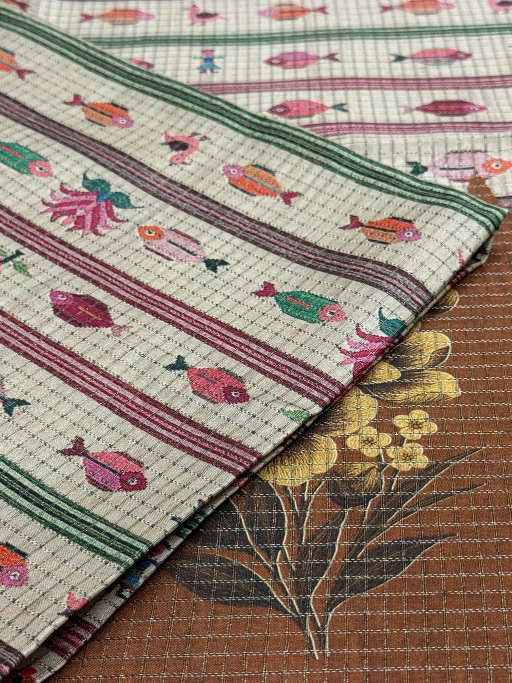 Beige & Terracotta Folk Fish Printed Saree