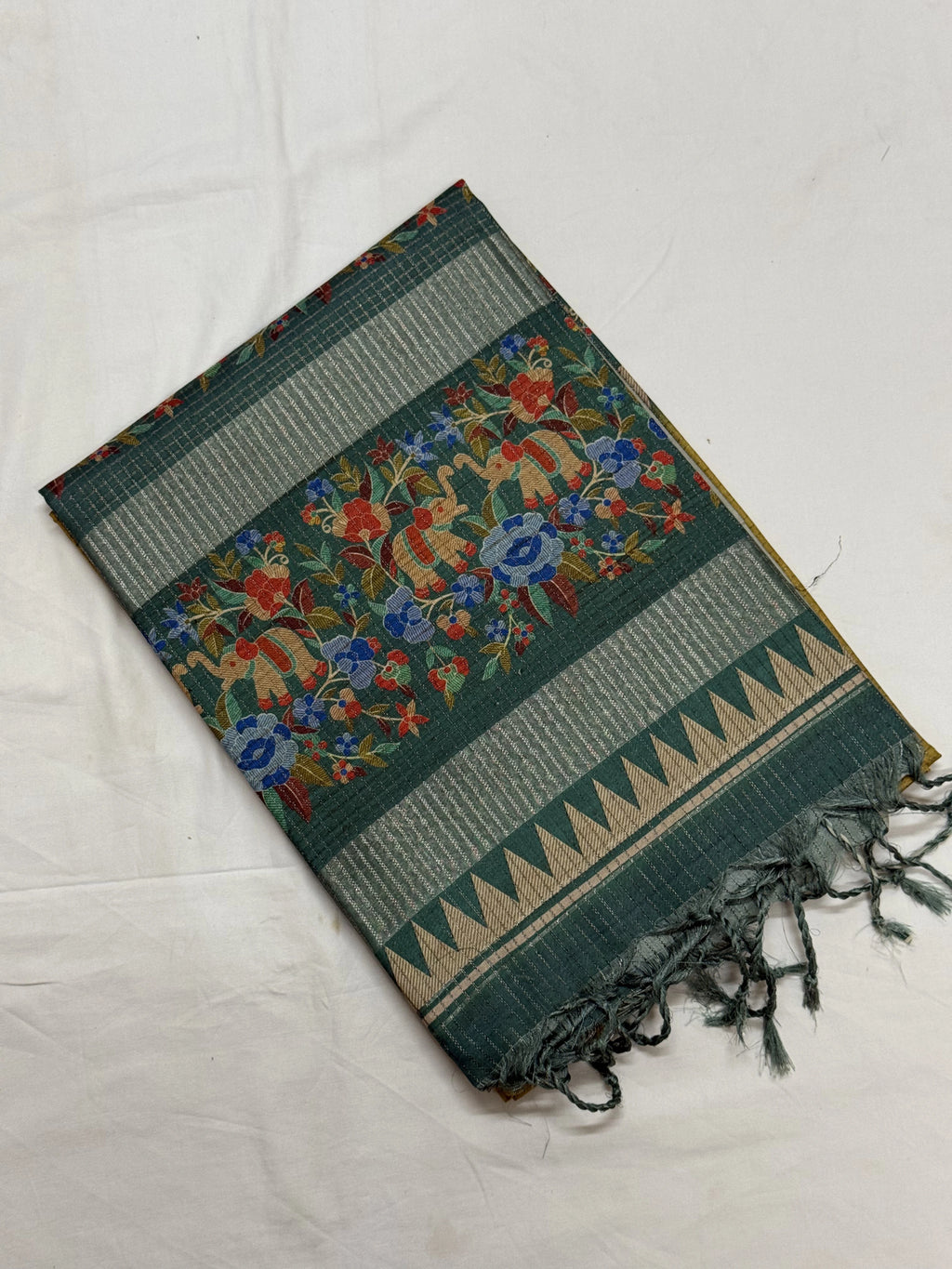Deep Forest Green & Gold Elephant Kalamkari Saree