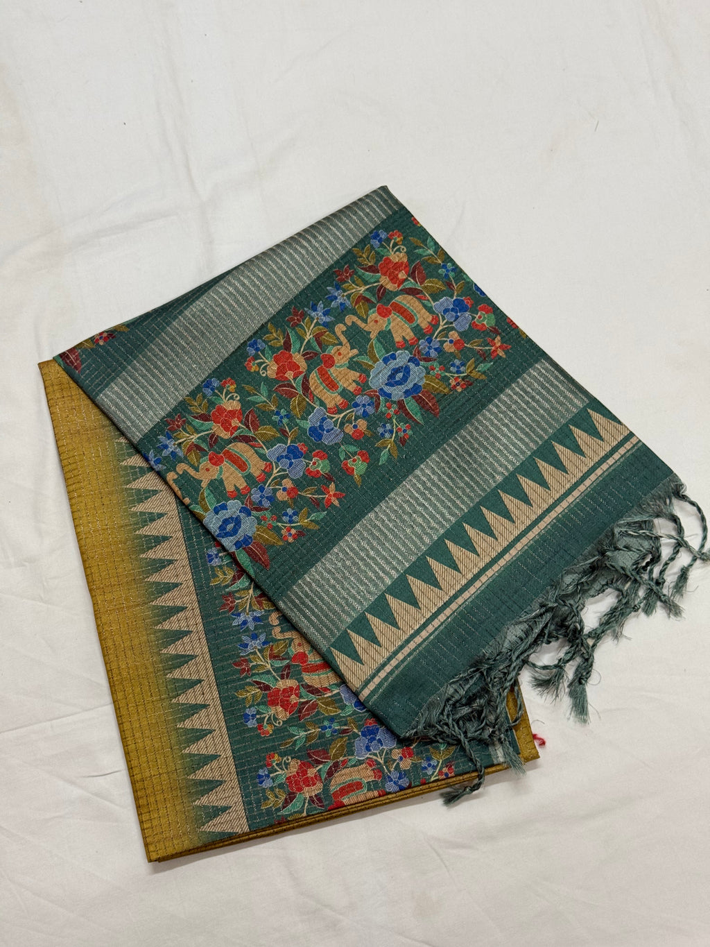 Deep Forest Green & Gold Elephant Kalamkari Saree