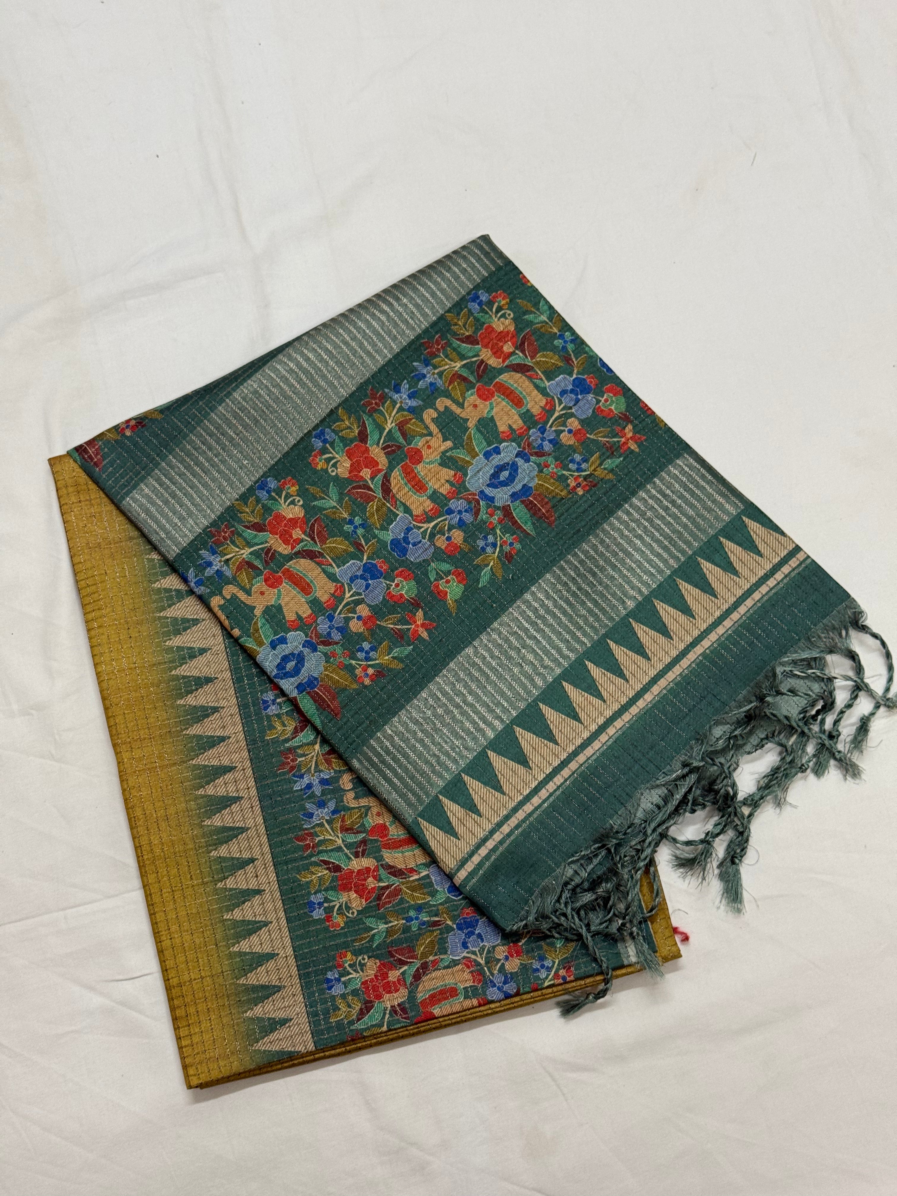 Deep Forest Green & Gold Elephant Kalamkari Saree