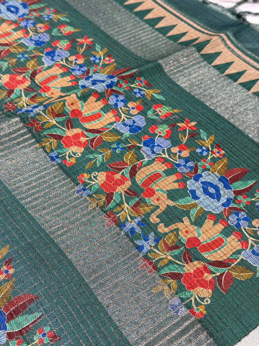 Deep Forest Green & Gold Elephant Kalamkari Saree
