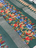 Deep Forest Green & Gold Elephant Kalamkari Saree