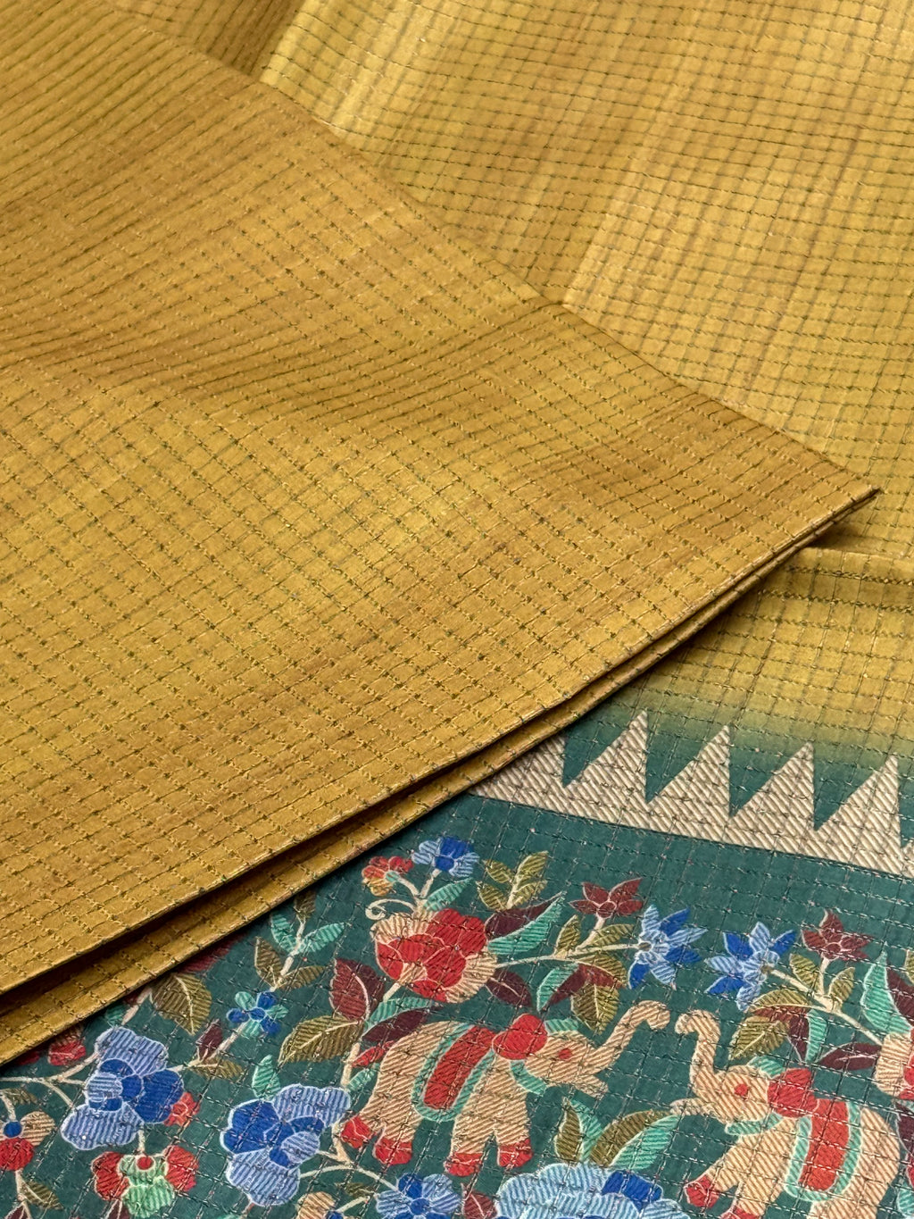 Deep Forest Green & Gold Elephant Kalamkari Saree