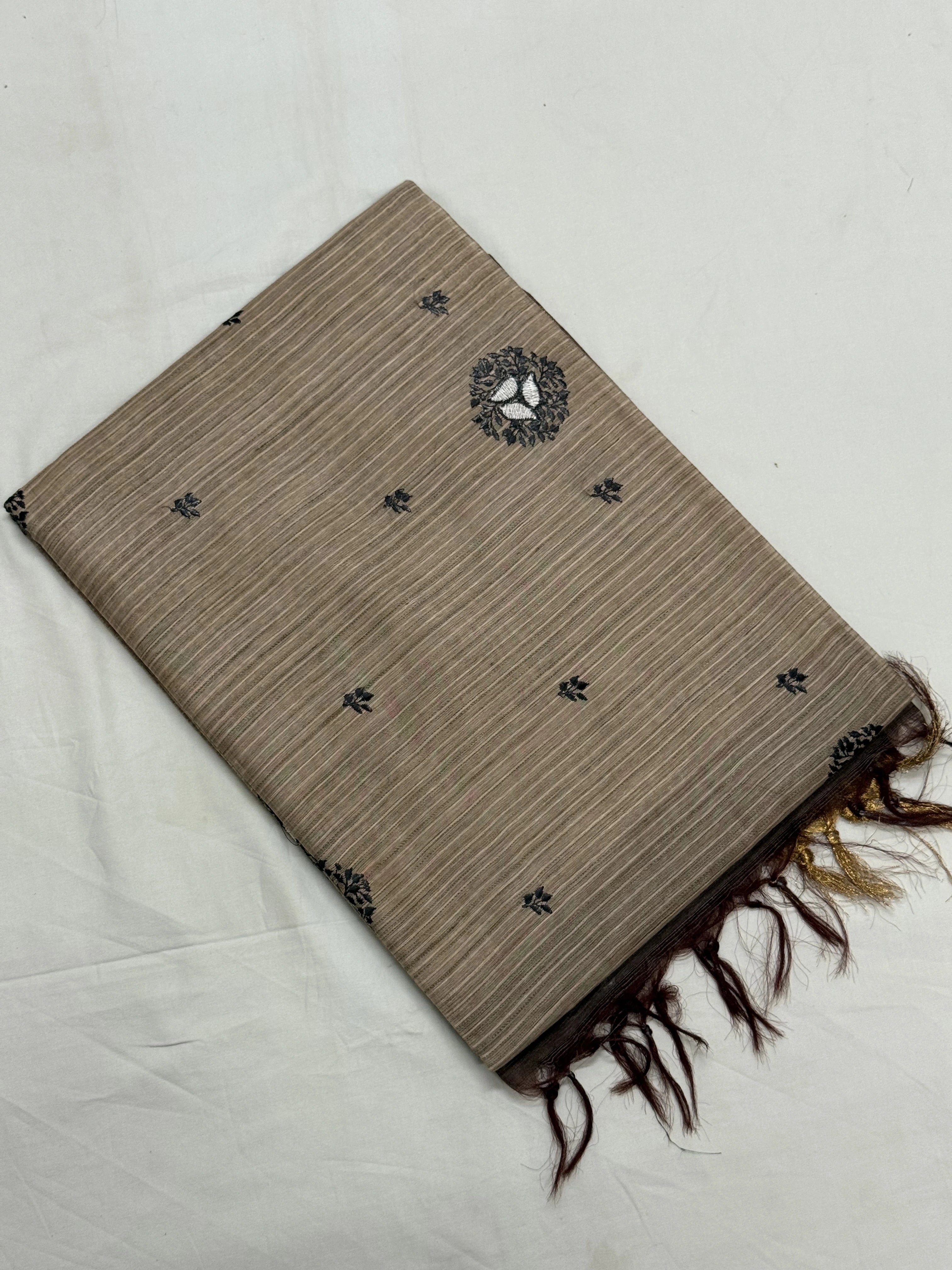 Taupe Beige & Chocolate Brown Embroidered Booti Saree