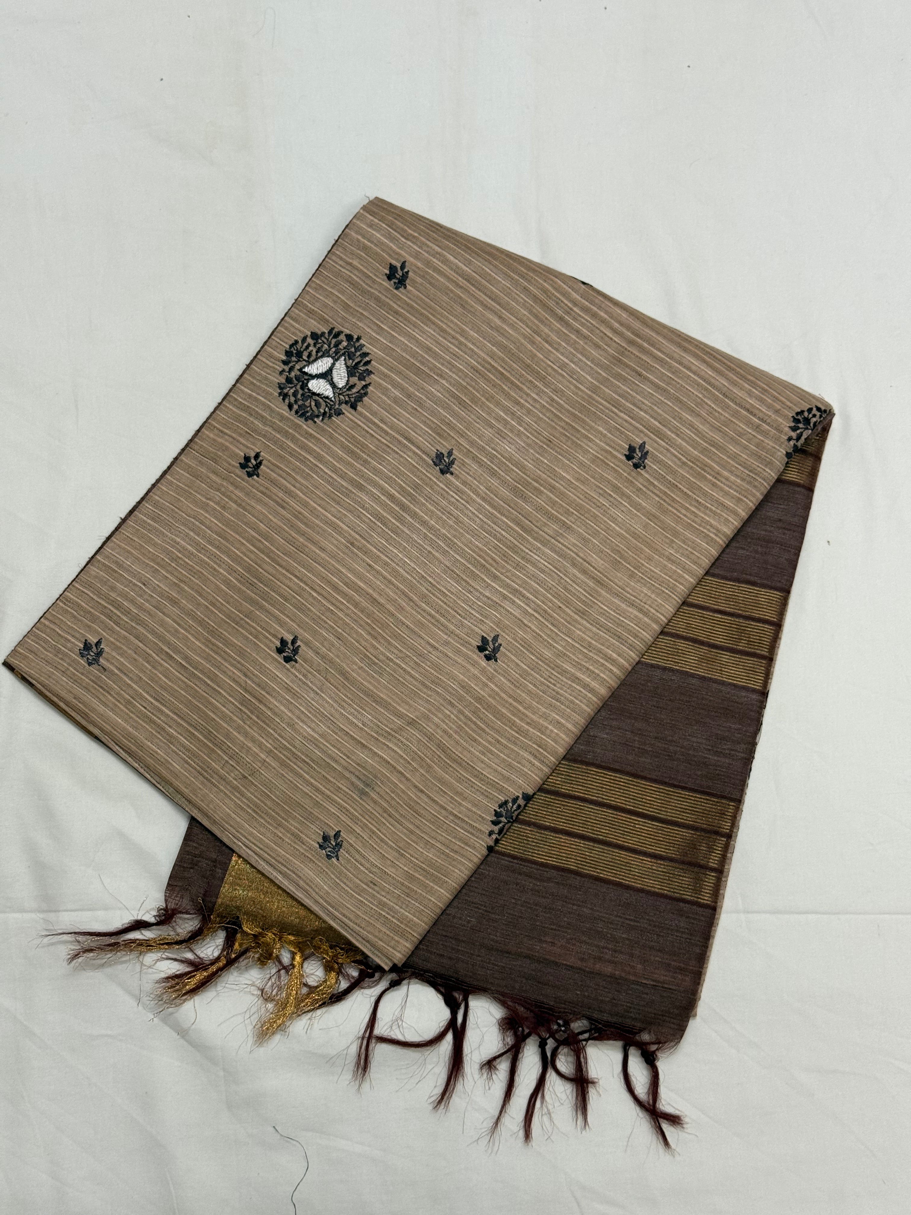 Taupe Beige & Chocolate Brown Embroidered Booti Saree