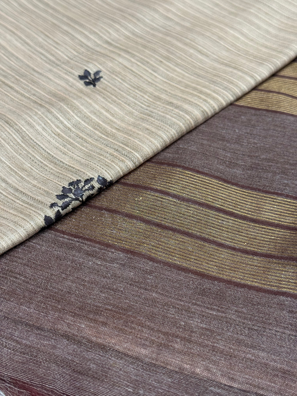 Taupe Beige & Chocolate Brown Embroidered Booti Saree