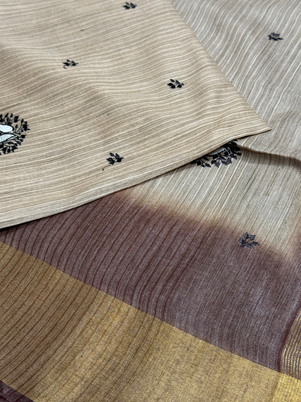 Taupe Beige & Chocolate Brown Embroidered Booti Saree