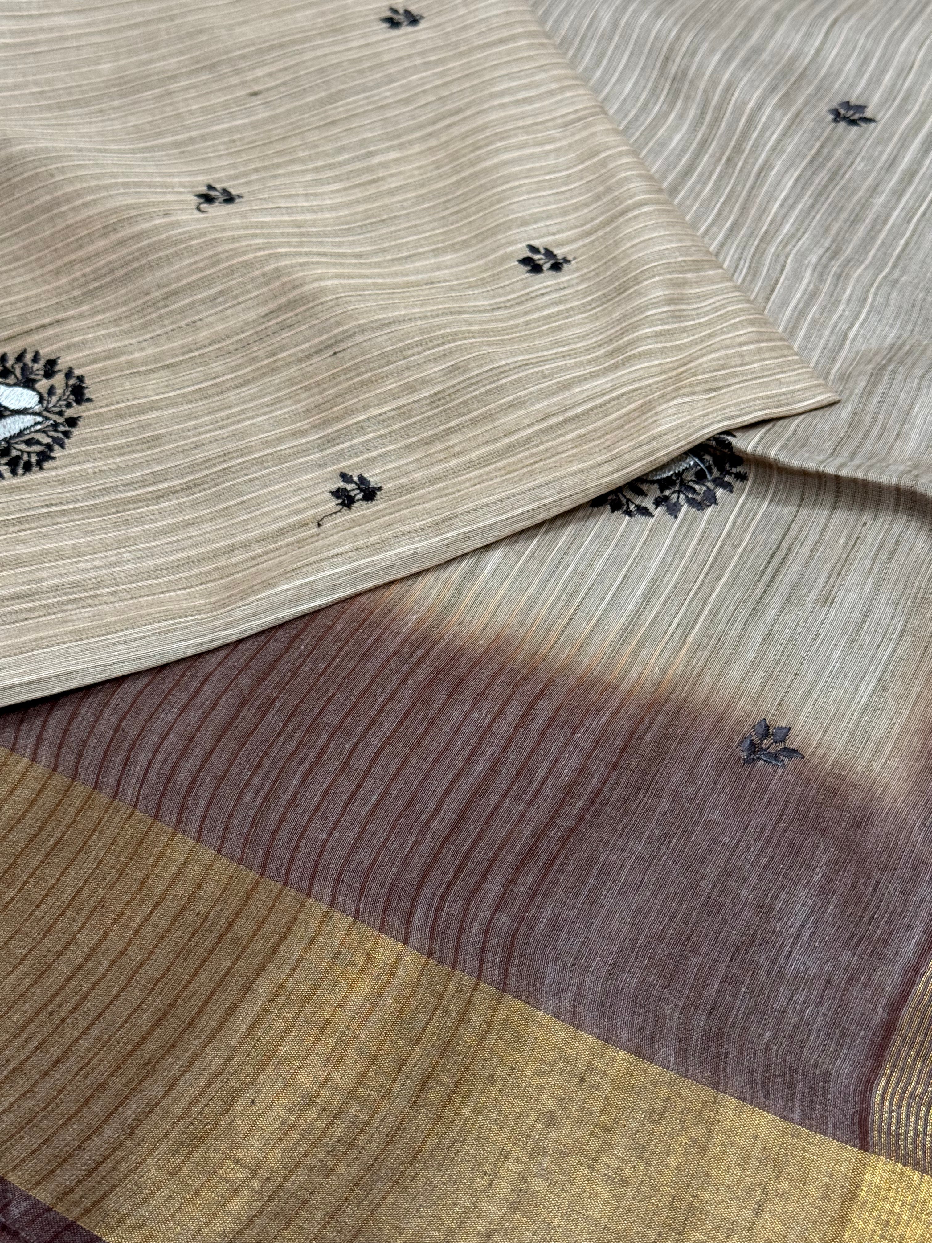 Taupe Beige & Chocolate Brown Embroidered Booti Saree