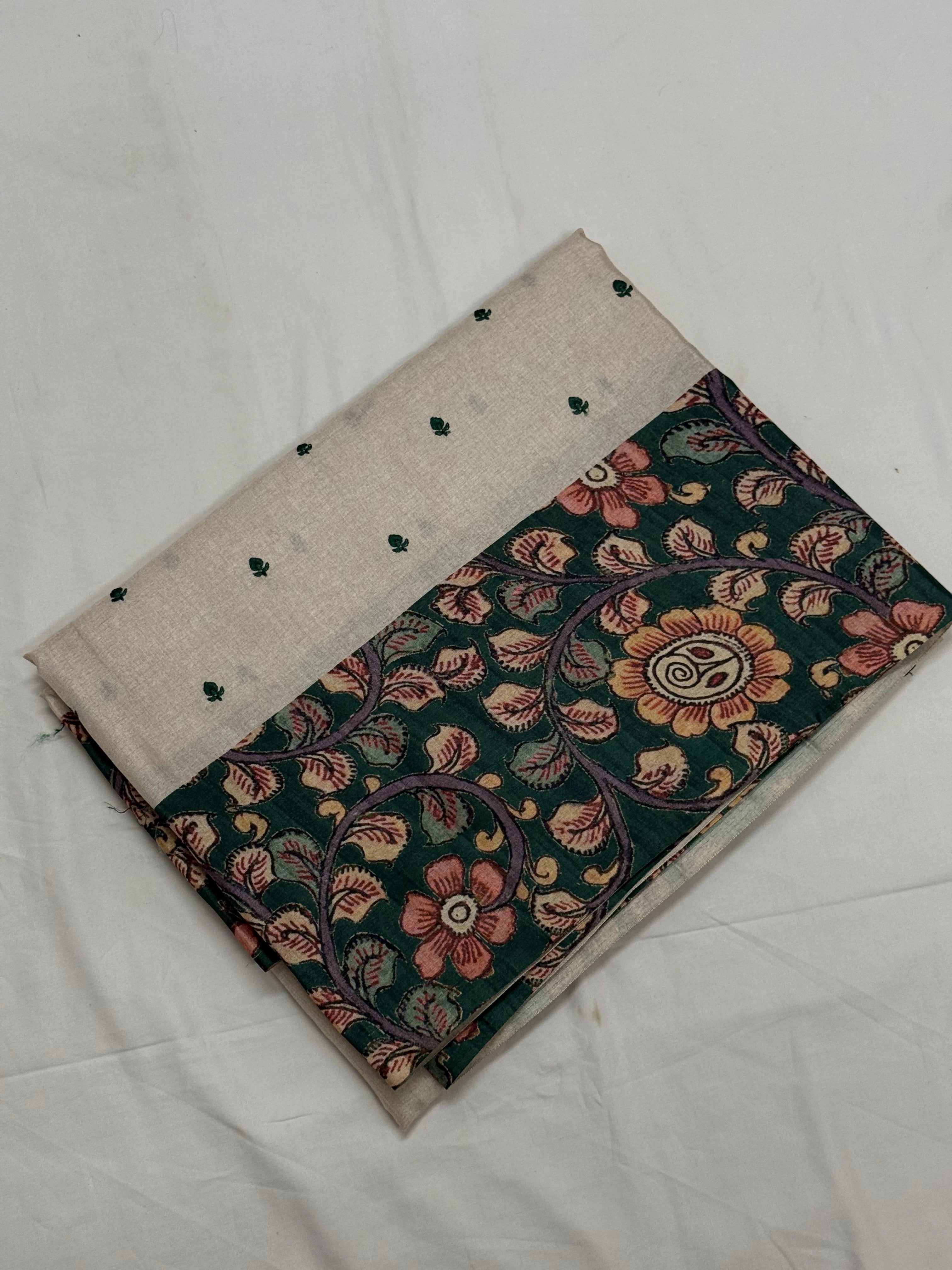 Sand Cream & Forest Green Kalamkari Floral Saree