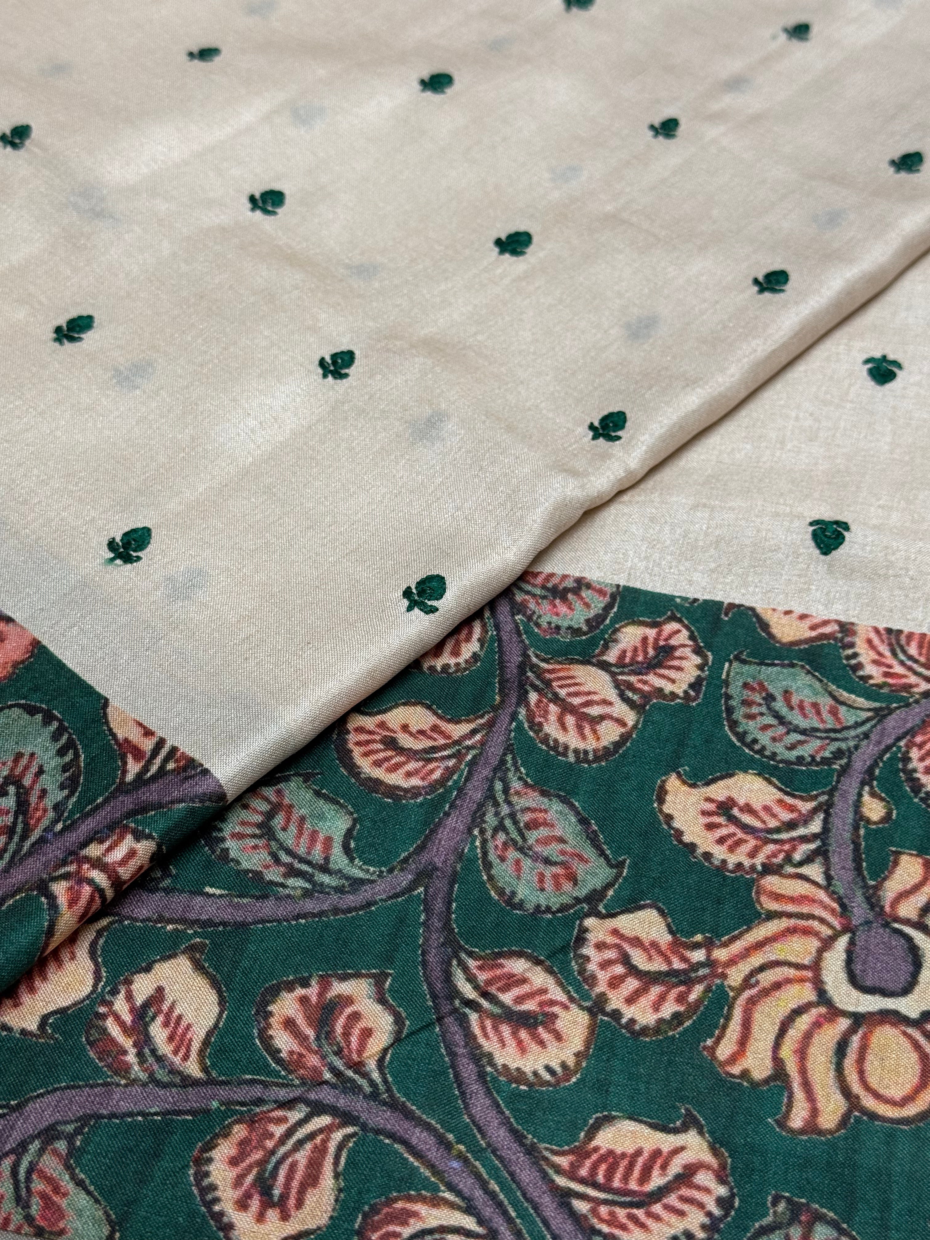 Sand Cream & Forest Green Kalamkari Floral Saree