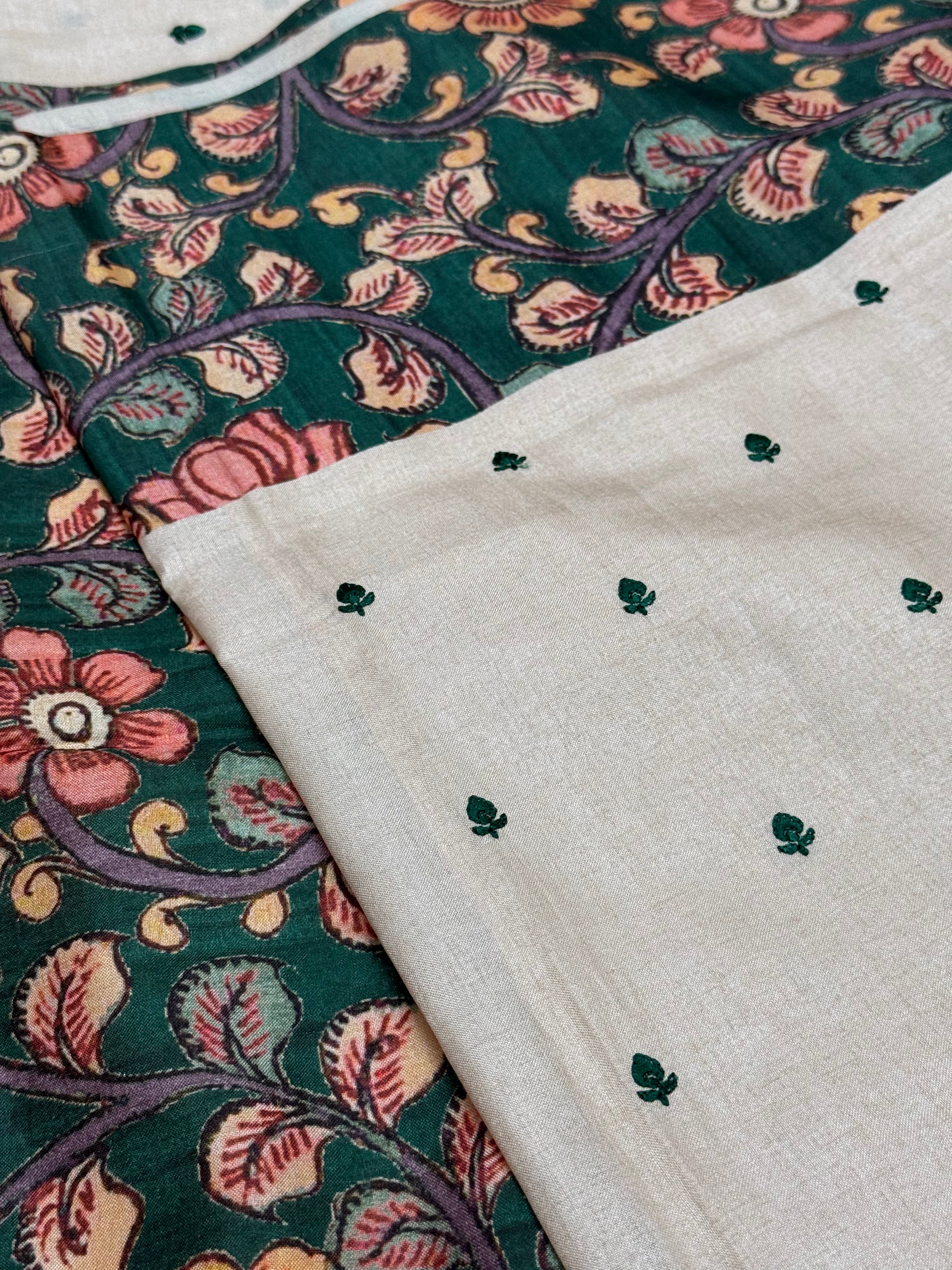 Sand Cream & Forest Green Kalamkari Floral Saree