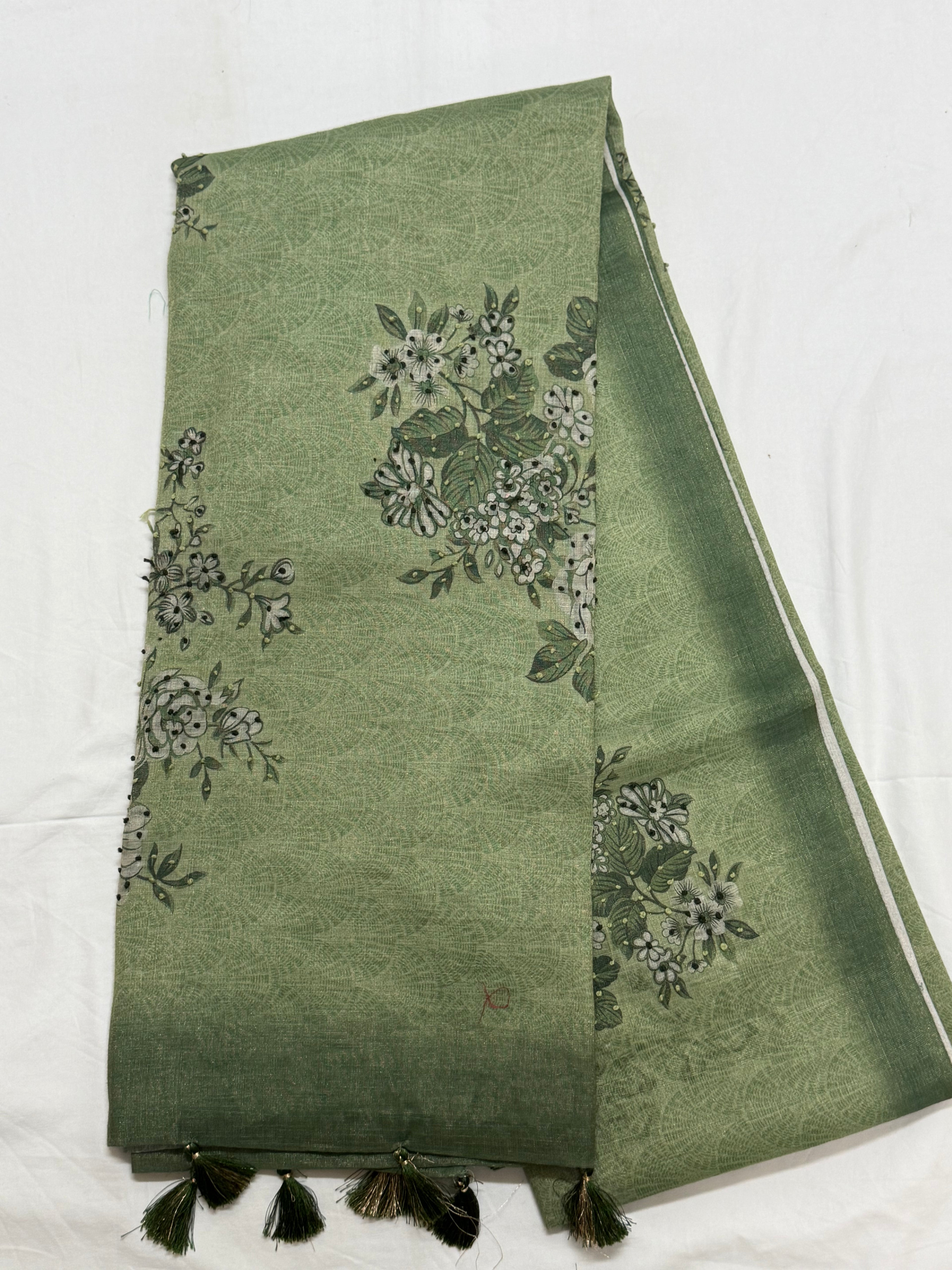 Olive Sage Green Pearl & Bead Embroidered Saree