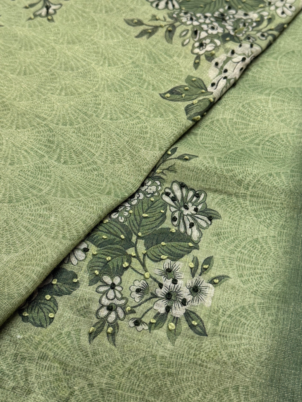 Olive Sage Green Pearl & Bead Embroidered Saree