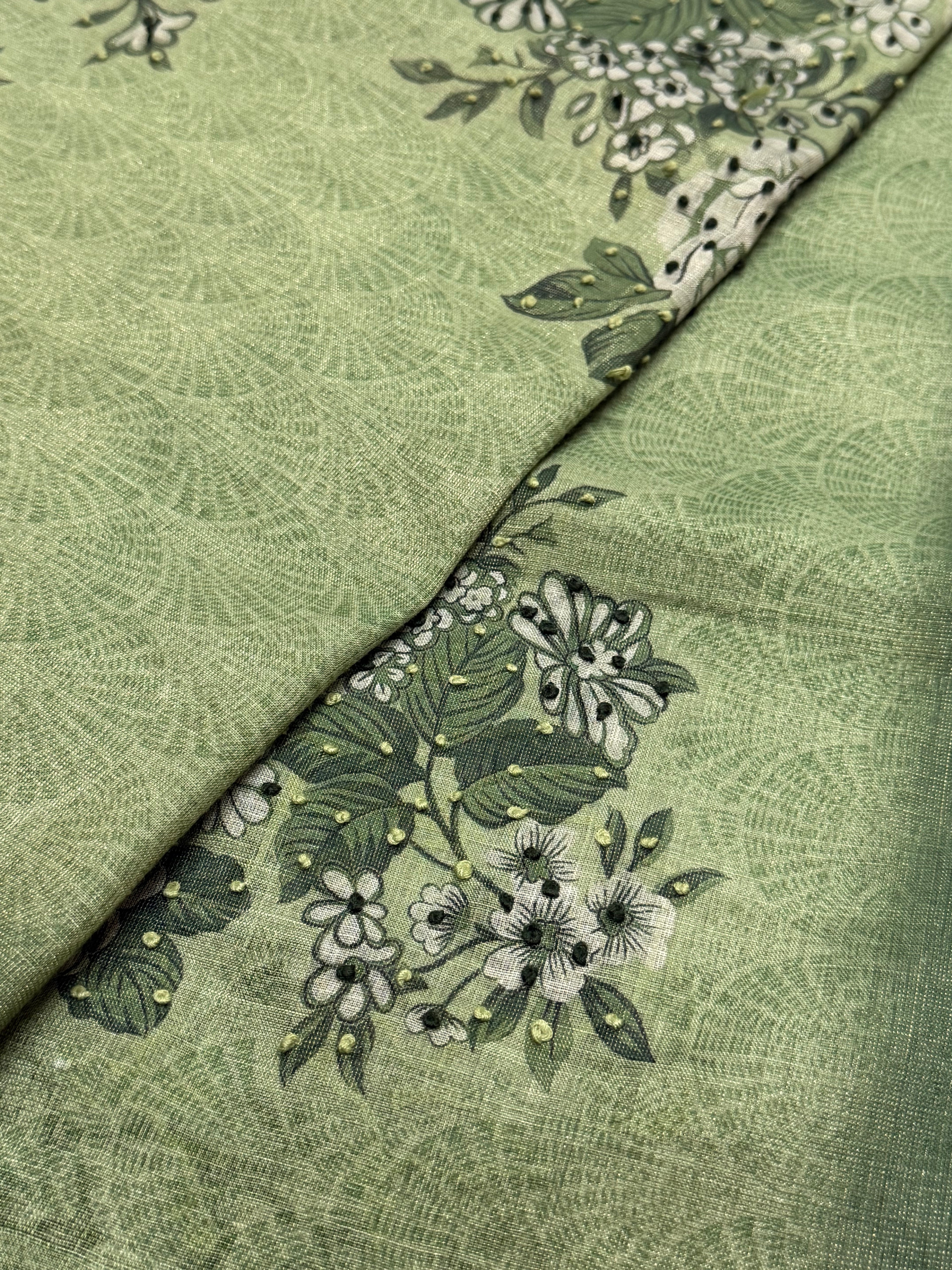 Olive Sage Green Pearl & Bead Embroidered Saree