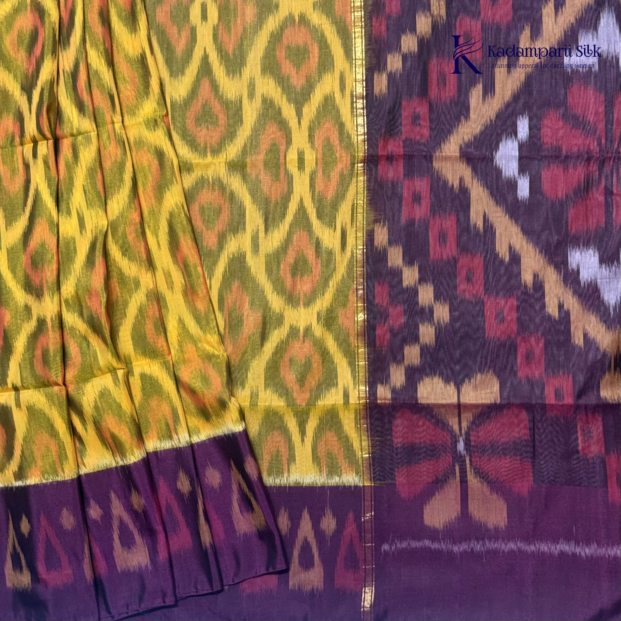 Mustard Yellow Handloom Silk Cotton Pochampally Saree with Purple Pallu