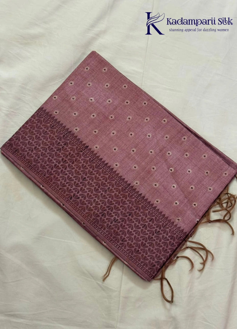 Kadamparii Silk dusty pink semi raw silk saree with butta design and floral border, displayed on a white background.