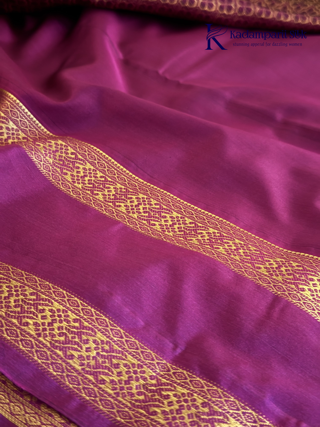 Kadamparii Silk parrot green and magenta semi soft silk saree with gold zari stripes, traditional woven border, rich zari pallu, and tassel detailing.