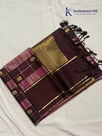 Kadamparii Silk royal wine semi soft silk checked saree with golden zari border, traditional woven pallu, and tassel detailing.
